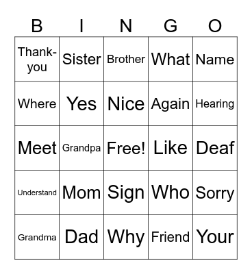 ASL Vocabulary Bingo Card