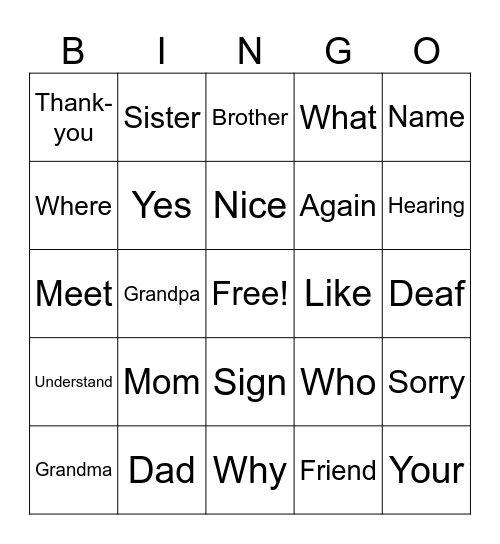 ASL Vocabulary Bingo Card
