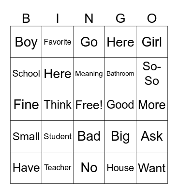 ASL Lesson 2 Bingo Card