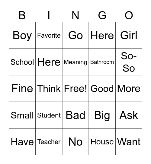 ASL Lesson 2 Bingo Card