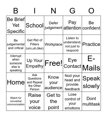 Communication Bingo!  Bingo Card