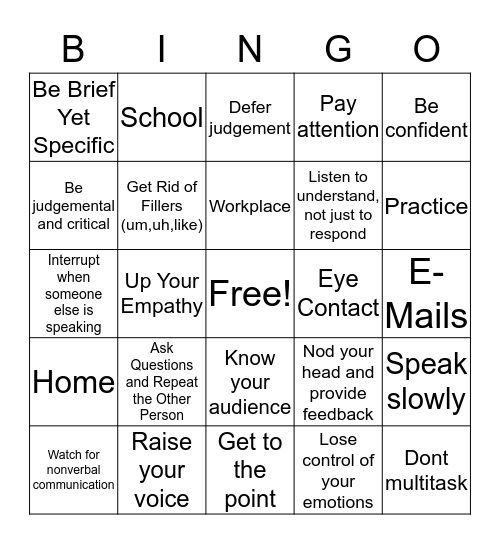 Communication Bingo!  Bingo Card
