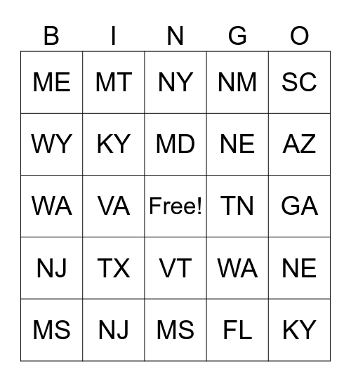 ZIP CODE BINGO Card