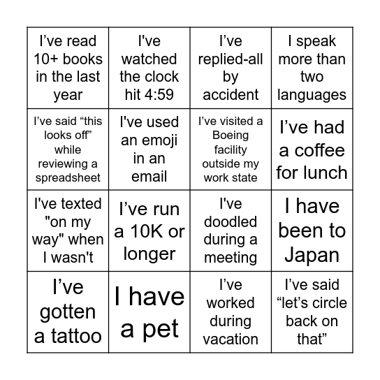 Boeing Bingo! Bingo Card