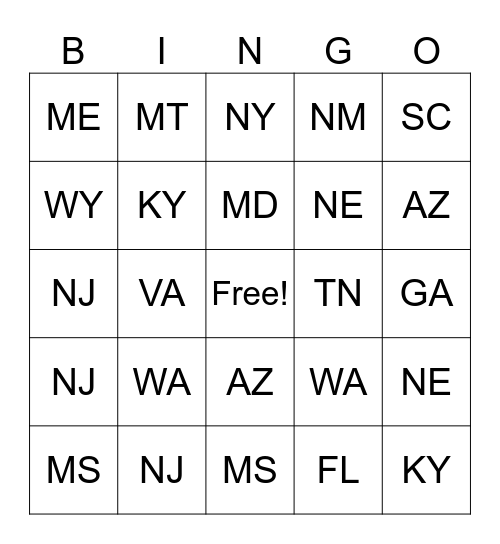 ZIP CODE BINGO Card