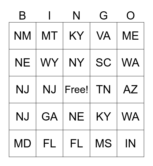 ZIP CODE BINGO Card