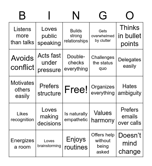 DISC Personality Bingo Card