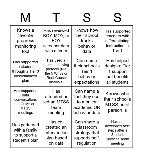 MTSS BINGO Card