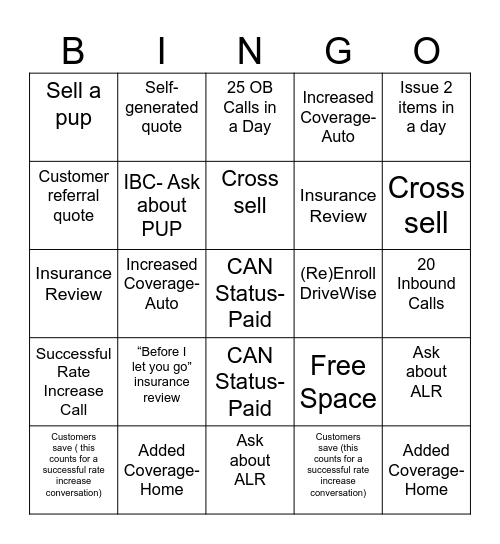 Inbound Sales/ Service Bingo Card