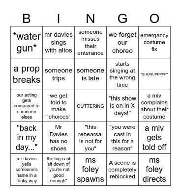 Tech rehearsal Bingo Card