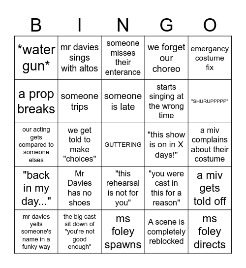 Tech rehearsal Bingo Card