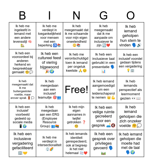 I N C L U S I E Bingo Card