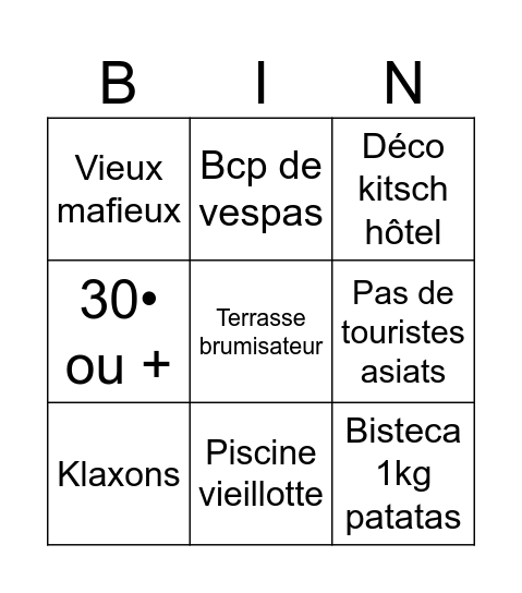 Sienna Bingo Card