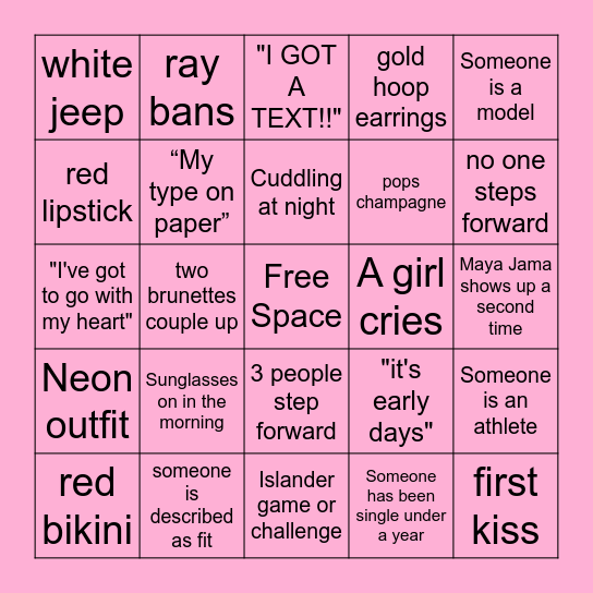 Love Island Bingo! Ep 1 S 12 Bingo Card