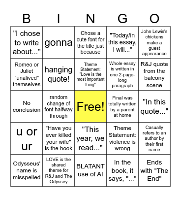 English 9 Final BINGO Card