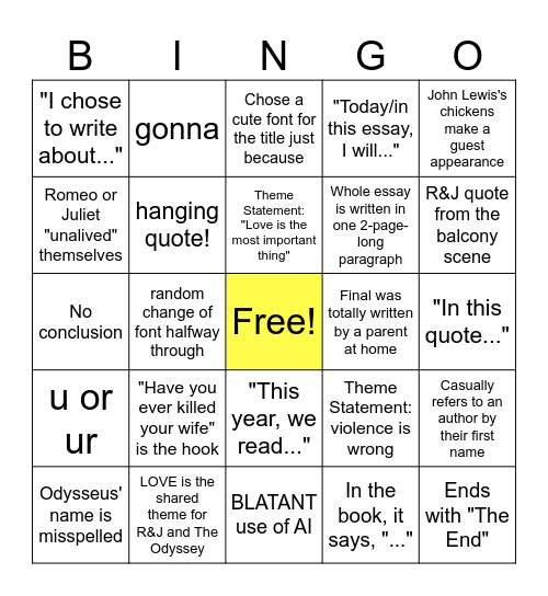 English 9 Final BINGO Card