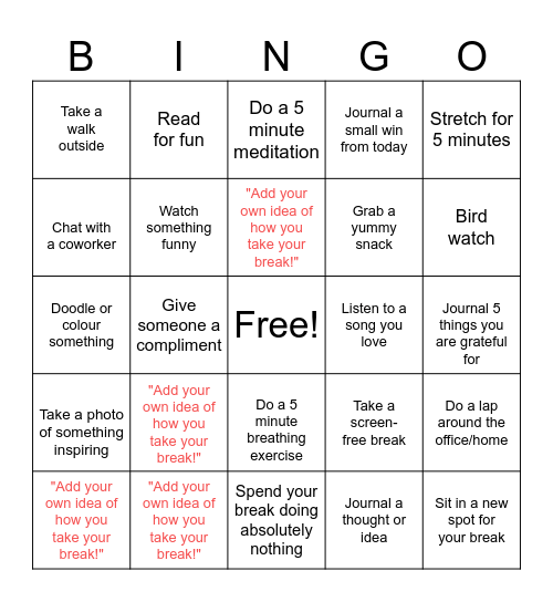 Take a Break Bingo Card