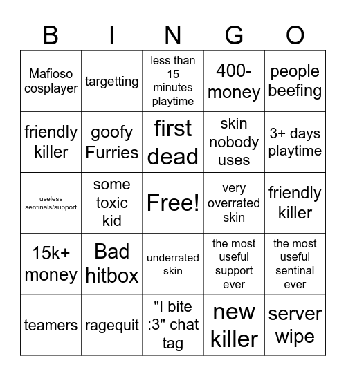 Forsaken Bingo Card