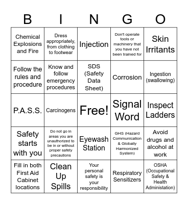 TTY Safety Bingo Card