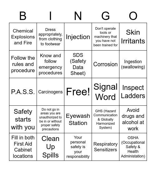 TTY Safety Bingo Card