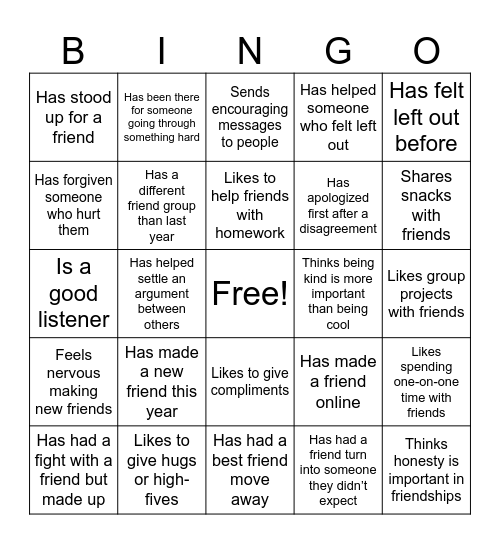 Friendship BINGO Card