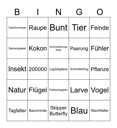 Schmetterlings Bingo Card