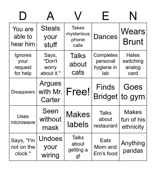 Dave Bingo Card