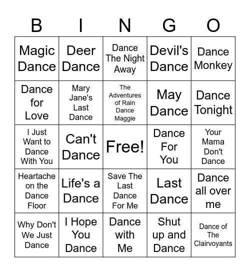 All About Dance Bingo Card