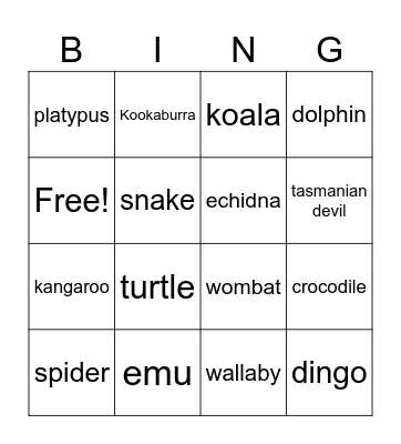 Australian Animals Bingo Card