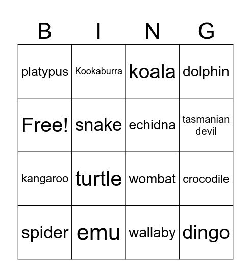 Australian Animals Bingo Card