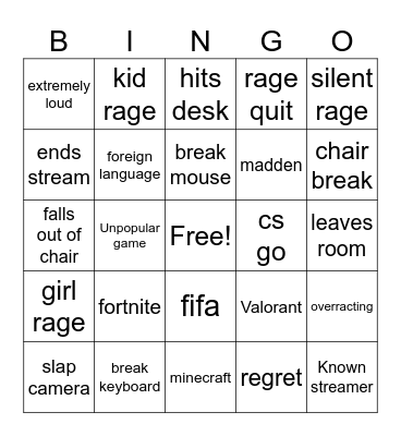 gamer rage bingo Card