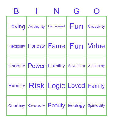 Values Bingo Card