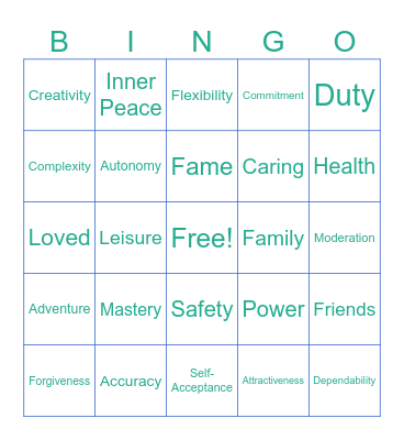 VALUES Bingo Card