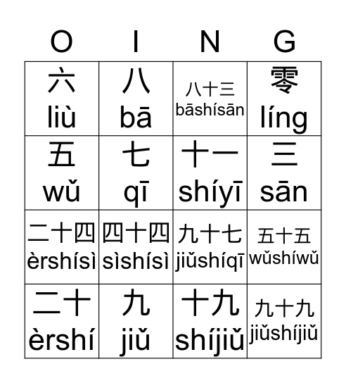 Chinese numbers Bingo Card