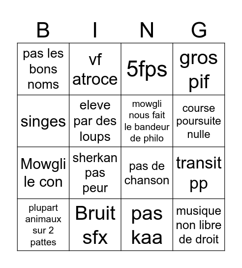 livre de la jungle Bingo Card