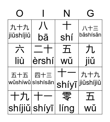 Chinese numbers Bingo Card