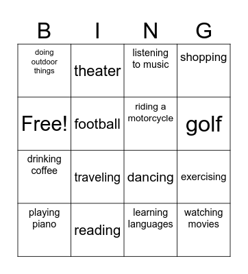 Bingo dos Hobbies Bingo Card