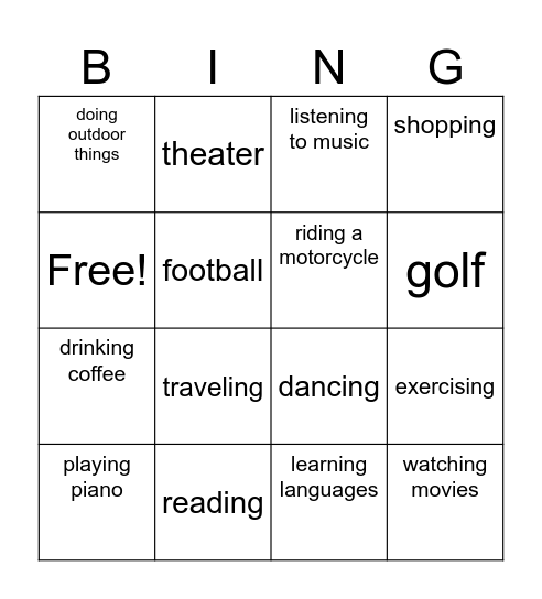 Bingo dos Hobbies Bingo Card