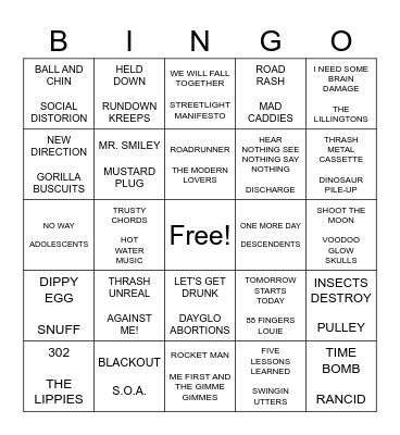 SF PUNK BINGO ROUND 2 Bingo Card