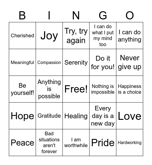 Positive Thinking! Bingo Card