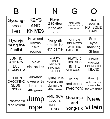Squid Game Season 3 Bingo Card