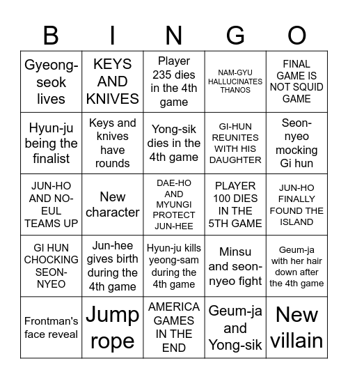 Squid Game Season 3 Bingo Card
