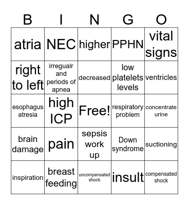 neonatal bingo Card