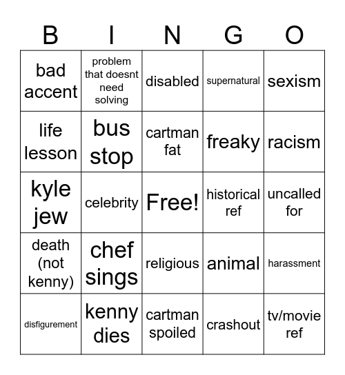 southpark Bingo Card