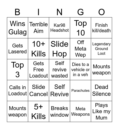 Warzone Solo Spectate Bingo Card