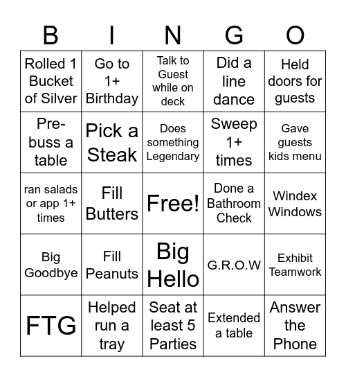 Host Stand Bingo Card