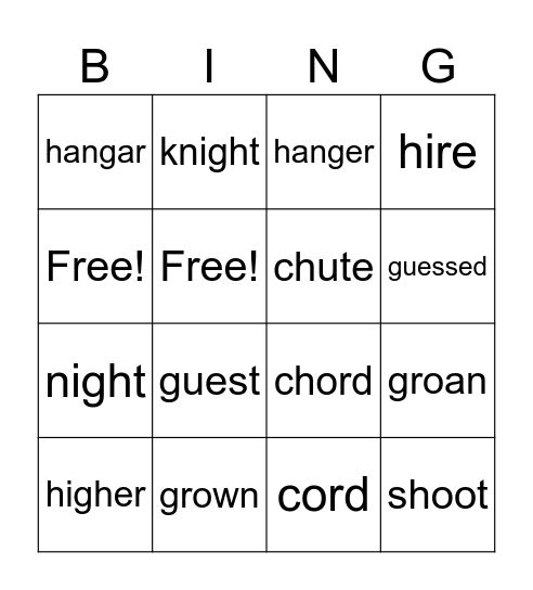 Homophones Bingo Card