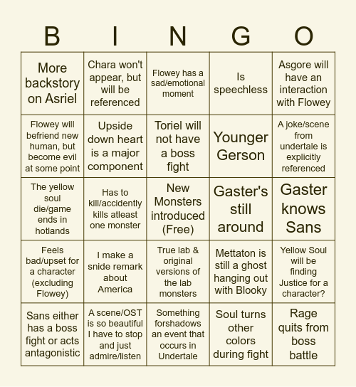 Undertale Yellow predictions Bingo Card