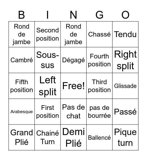 Ballet bingo Card