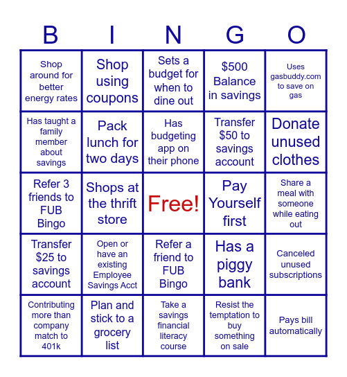 FUB Savings Bingo Card